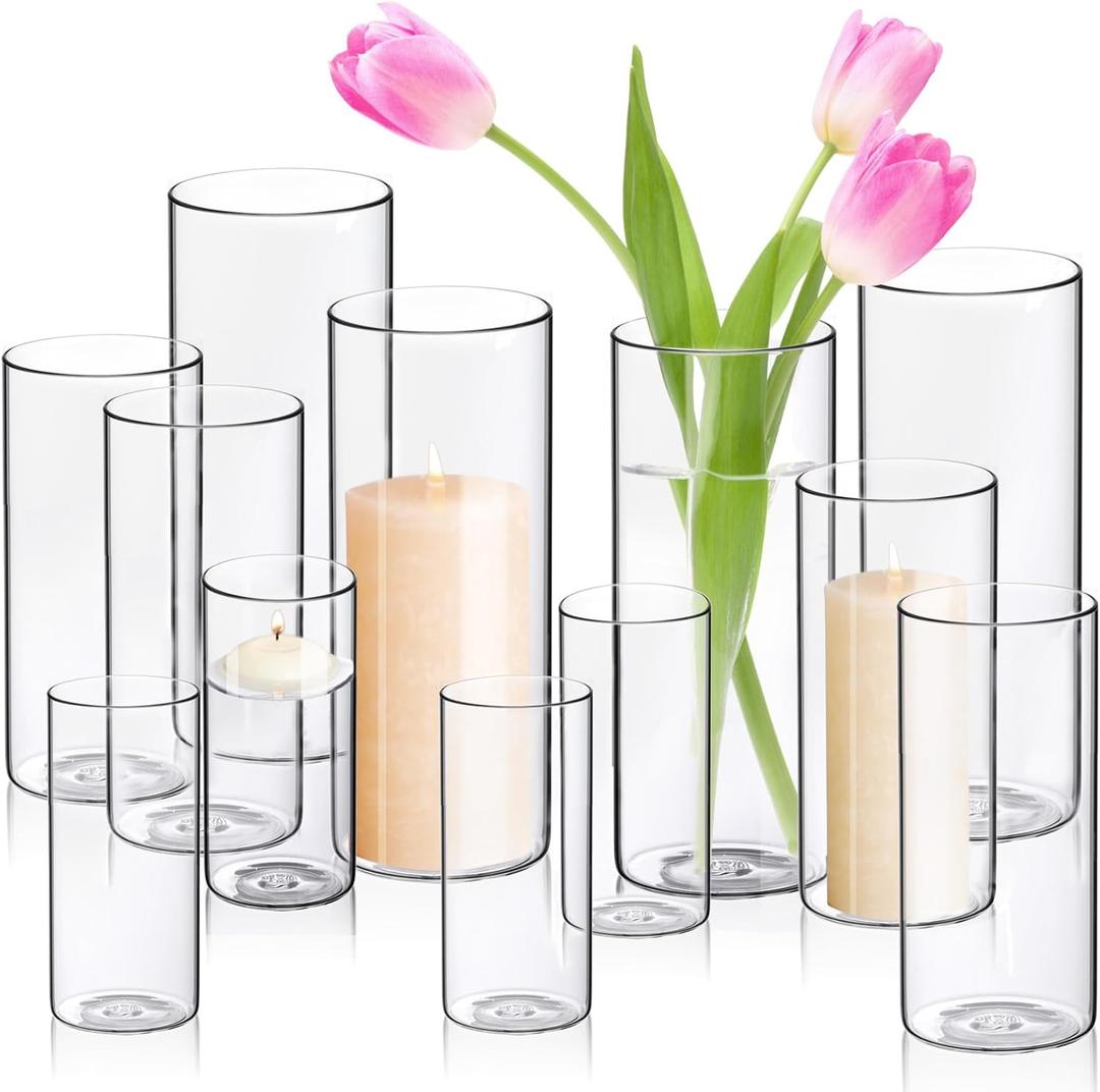 Cylinder Flower Vases 12PCS 10" 7.8" 6" Hurricane Candle Holders Pillar Votives Floating Candles Holder, Clear Glass Vase for Spring Easter Wedding Party Decorations (M+L+XL)