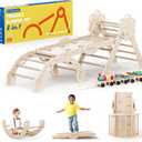 COSYLAND Pikler Triangle Set 8 in 1 - Adjustable 3-Level Montessori Climbing Toys for Toddlers 18M-6Y, Foldable Wooden Indoor Jungle Gym & Playground with Train Toy & Gift Box, Natural (Large)