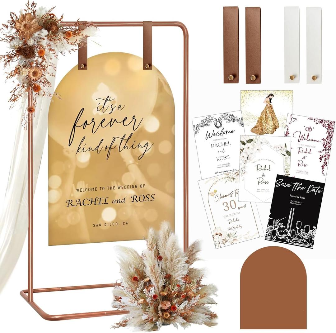 Wedding Sign Holder, Adjustable Welcome to Our Wedding Sign Stand W/Design Bundle & Leather Sign Hanging Straps, Heavy Duty Easel Stand for Sign, Wedding Seating Chart Stand, Easel for Display (Copper)
