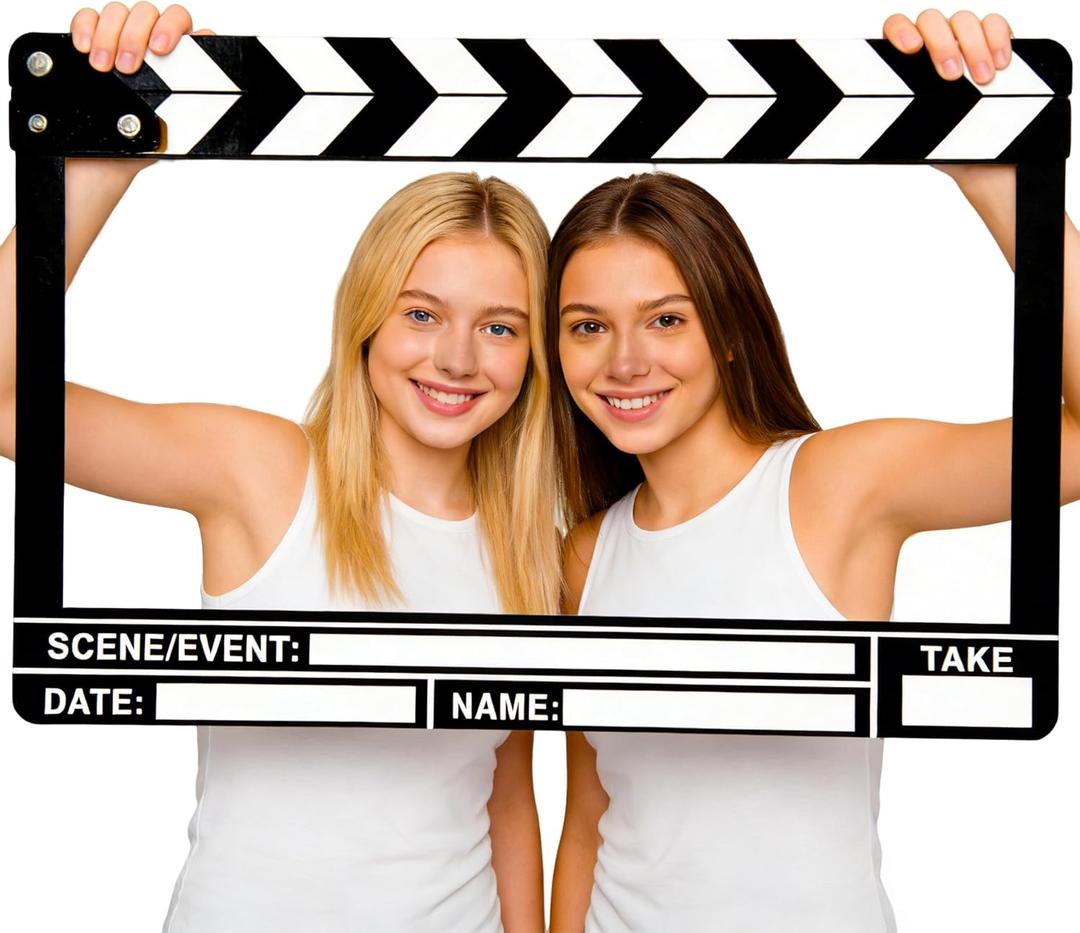 Movie Night Photo Booth Props 22.45x14.18 Inch Movie Theme Photo Booth Fame Prop Selfie Frame Film Clapper Board for Birthday Graduation Festivals Anniversary Wedding Party Supplies