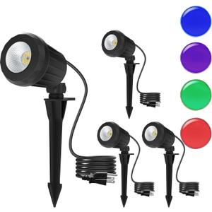 Christmas Spotlight Outdoor, 6500K Cool White LED Landscape Lighting with RGB Purple 4 Multicolor Lenses for Party, IP67 Waterproof,120V Plug-in for Yard Garden Tree Holiday Decor(4 Pack, Black)