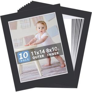 10 Pack Pre-Cut 11 x 14 Black Picture Mats for 8.5x11 Photos - White Core Bevel Cut Frame Matte, Acid Free, Ideal for Frames/Artwork/Prints