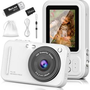 Digital Camera for Kids, 48MP FHD 1080P Point and Shoot Digital Cameras with 16X Zoom Anti-Shake, Compact Portable Cameras for Photography, for Boys Girls Teens Beginners (Pale white)