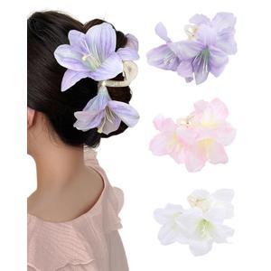 WELROG 3 Pcs Lily Flower Hair Claw Clips, Large Non-Slip Hair Claws for Thick Hair, Artificial Flower Clips(White+light pink+purple)