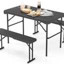Tangkula Picnic Table with 2 Benches, 3 Piece Folding Picnic Table Set with HDPE Tabletop, Sturdy Metal Frame, 4 Person Plastic Folding Table for Indoor Outdoor Use (Black)