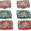 12 Pc Multicolor Handmade Terracotta Swastik Wax Filled Diya Set | Decorative Oil Lamps for Diwali Pooja | Unique Indian Gift Item | Perfect for Thanksgiving Celebrations