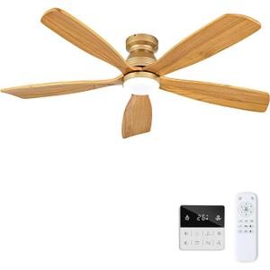 52 Inch Flush Mount Ceiling Fans with Lights and Remote, Dimmable, 5 Blades Wood Ceiling Fan with Light, Low Profile Outdoor Indoor Modern Ceiling Fan for Bedroom Patio (Gold)