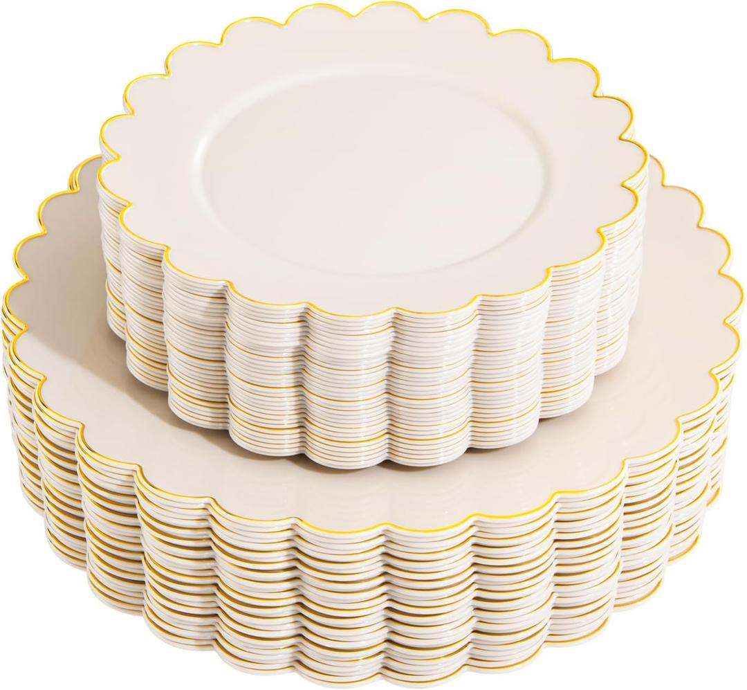 LIYH 60 Pcs Ivory and Gold Scalloped Plastic Plates - Disposable Fancy Combo Plates Includes 30 Dinner Plate 10.25" and 30 Dessert Plate 7.5" Plastic Heavy Weight Party Tableware Dishes, Beige and Gold Plates