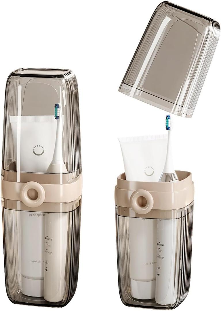 Topavatop Toothbrush Travel Case, 2 in 1 Toothbrush Holder and Rinse Cup, Large Capacity Toothbrush Cup with Cover, Portable Travel Toothbrush Holder for Traveling, Camping, Trip - 1Pc - Beige&Clear