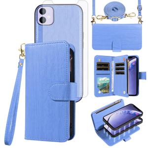 Asuwish Phone Case for iPhone 11 6.1 Zipper Wallet Detachable Cell Cover with Tempered Glass Screen Protector Crossbody Lanyard Strap Card Holder iphone11case iPhone11 i Phone11 11s XI 11R Women Brown