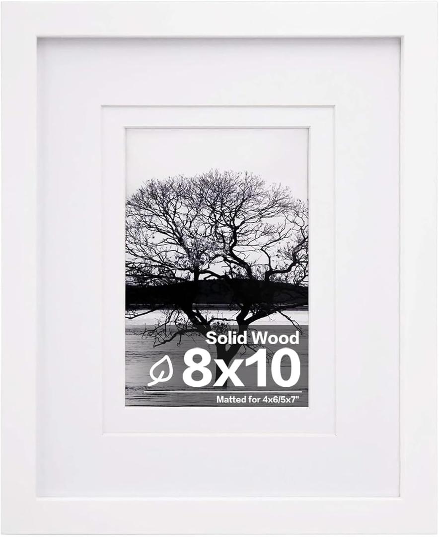 Egofine 8x10 Picture Frame Made of Solid Wood Covered by Plexiglass, Display Pictures 4x6/5x7 with Mat or 8x10 Without Mat for Table Top Display and Wall Mounting Photo Frame, White