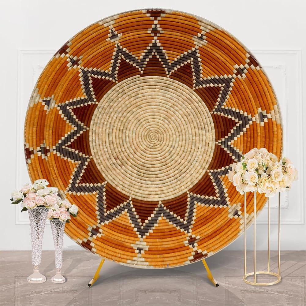 TTshouse Ethiopian Basket Pattern Round Holiday Backdrop Transnational Habesha Handmade Circle Cover Africa Ethiopia Background for Birthday Baby Shower Wedding Party Decorations (Style B, 6.5 FT)