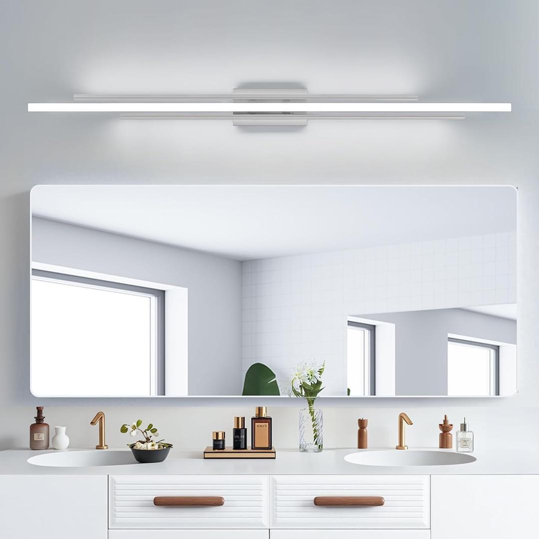 55 Inches Nickel LED Modern Bathroom Vanity Light Fixtures Dimmable 5CCT Vanity Light Bar Over Mirror 3-Light Wall Light for Bathroom Over Mirror Picture Light
