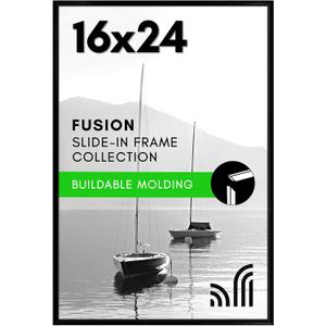 Americanflat 16x24 Poster Frame with Polished Front Cover - Slide-In Photo Frame with Buildable Molding - Fusion Collection - Picture Frames for Wall Display - Black