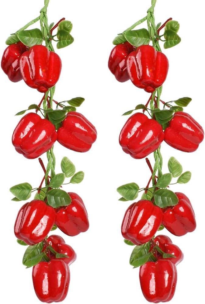Artificial Hanging Bell Pepper String 2Pcs, Simulated Lifelike Hot Chili Vegetable Fruit Garland Vine for Home Kitchen Fruit Shop Supermarket Farm Party Wall Decoration
