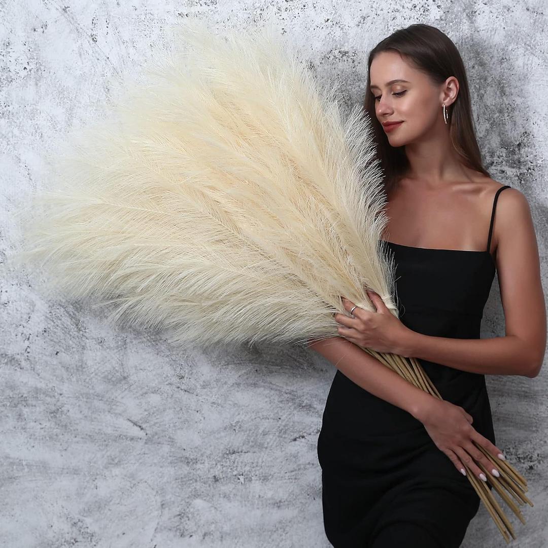 8 Pcs 45 inch Tall Faux Pampas Grass Decor, Large Artificial Beige Pompous Grass Bulk, Long Fake Pompas for Floor Vase Filler, Wedding, Baby Shower, Home and Boho Decor (Beige)