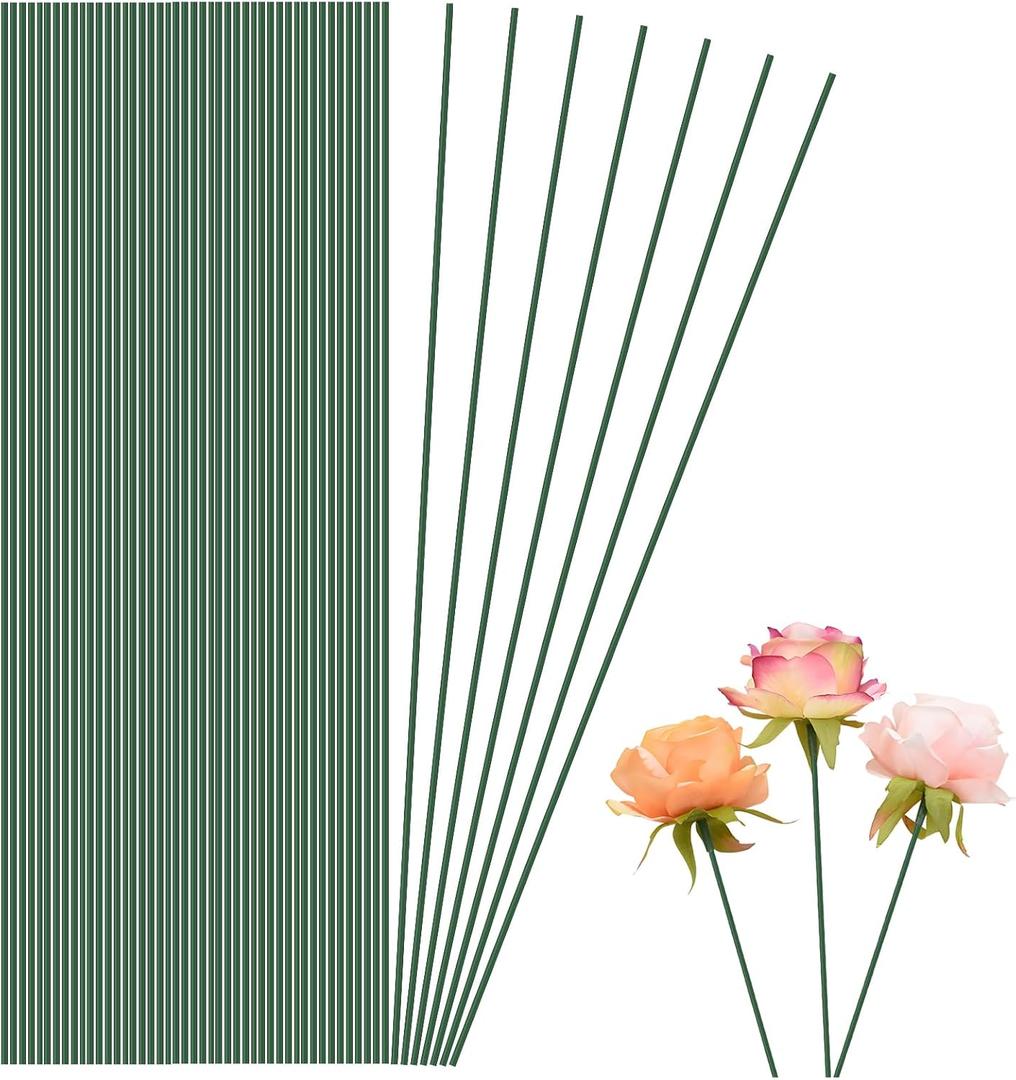 Cosmos 100 Pcs Floral Wire Floral Stem Artificial Flower Stick Stub Stem Metal Plant Support Stakes for Handmade Boutique DIY Craft Floral Arrangement Homemade Garden Stakes, 12 Inch, Dark Green