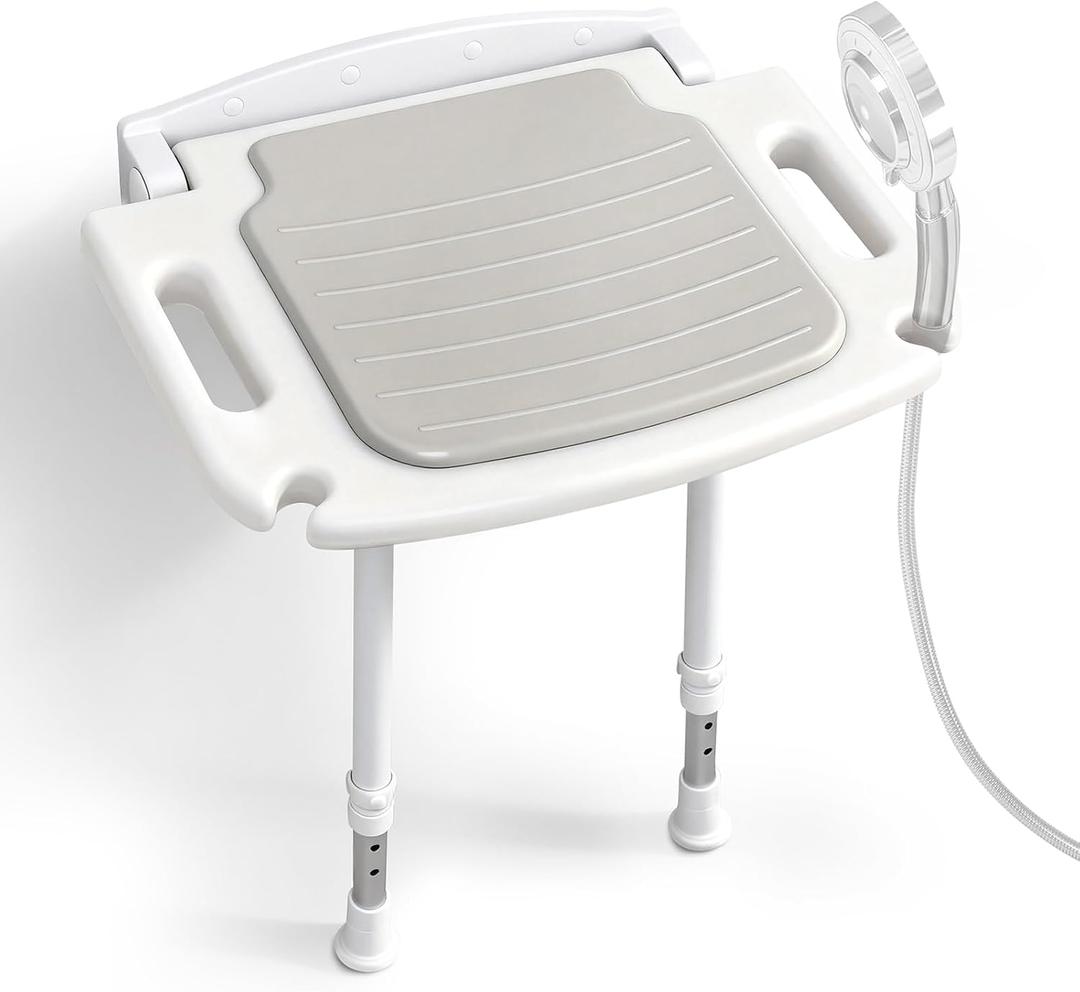 Wall Mounted Shower Seat with Arms, 2mm Thick Aluminum Frame Supports 550lbs, Folding Shower Chair with Memory Foam Cushion, 8 Adjustable Heights, Fold Down Bathroom Bench for Seniors & Disabled