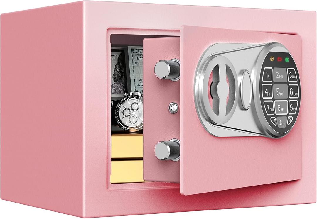 Goldenkey Small Kids Safe for Money, Digital Mini Safes with Keys&Code for Cash, Safe Box for Personal Items for Home, 6.69"D x 9.05"W x 6.69"H, Pink