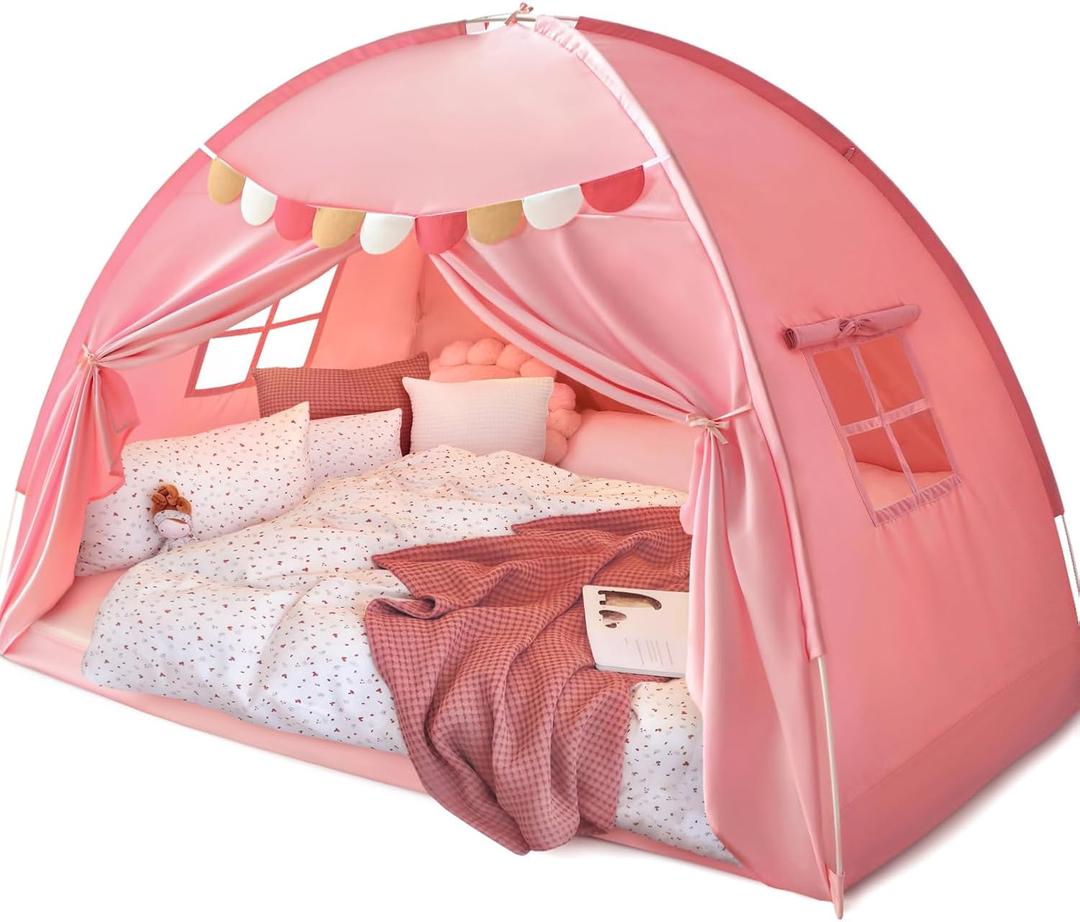 Razee Full Size Bed Canopy for Kids, Girls Bed Tent Dream Privacy Playhouse Floor Sleeping Tents Indoor, Toddler Under Bunk Bed Pink Tent with Pennant Banners, Kid House Toys for Birthday Gift