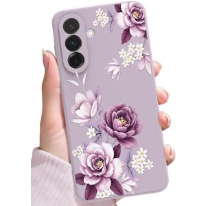 for Samsung Galaxy A56 5G Case,Cute Floral Design for Women Girls,Soft Slim Drop Protection Flowers Liquid Silicone Phone Cover with Shockproof Anti-Scratch Microfiber Lining,Purple Flower