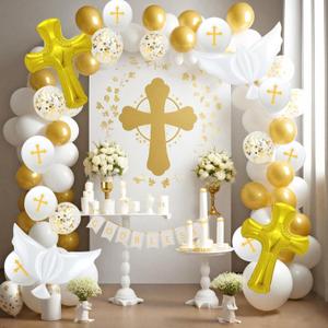 First Communion Decorations,105pcs God Bless White Gold Baptism Balloons Garland Arch Kit with Cross Dove Balloons for Baby Shower Christening Baptism Party Confirmation Decorations
