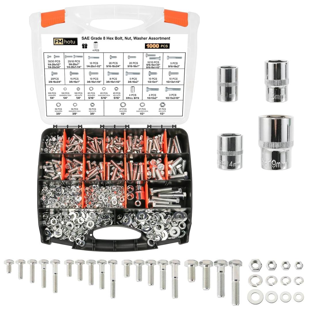 1000PCS Grade 8 Bolt Assortment Kit, Heavy Duty Bolts and Nuts Kit