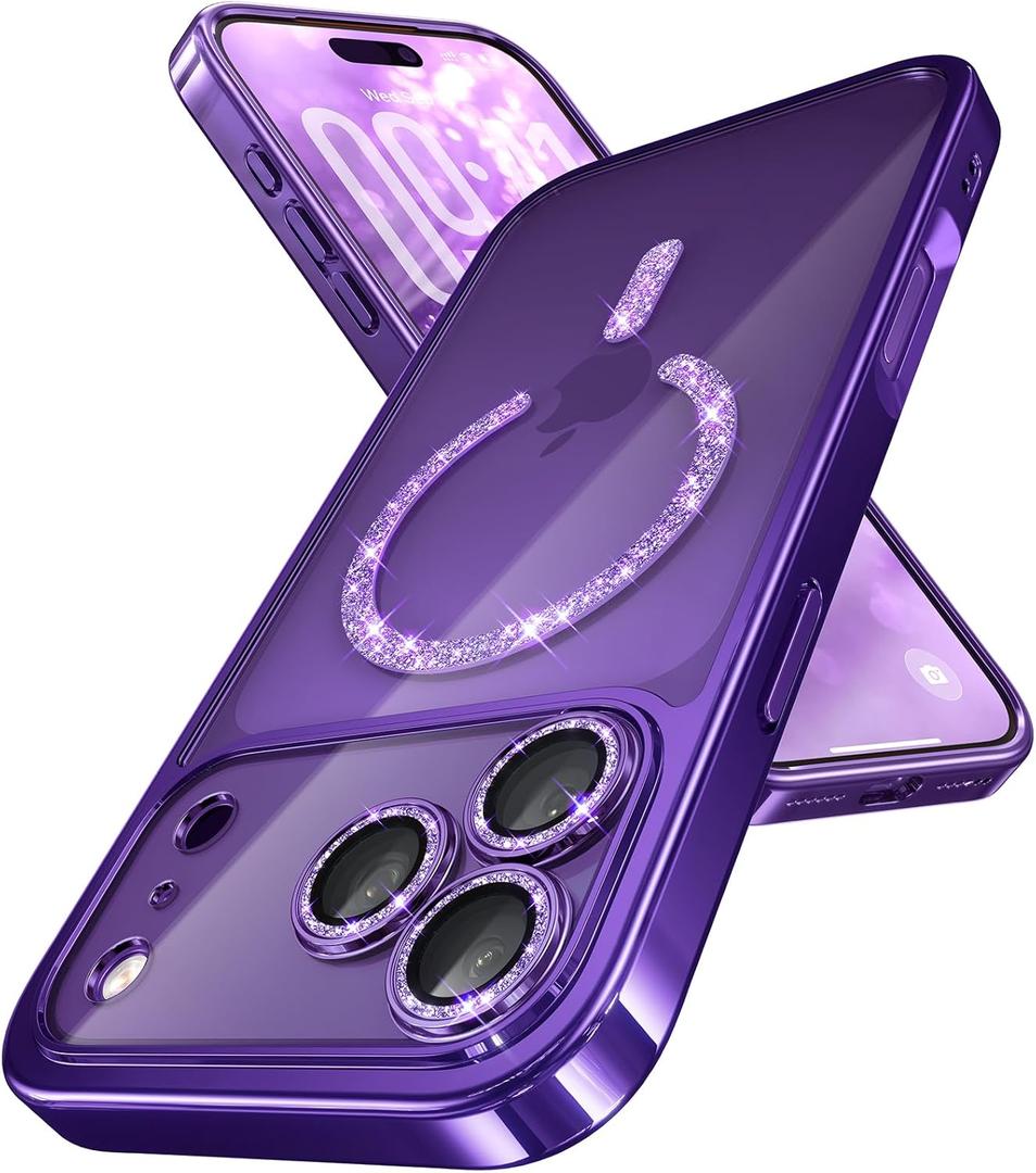 Magnetic for iPhone 17 Pro Max Case with Glitter Integrated Lens Protection, [Glossy Bumper & Shiny Magnetic Ring] [Compatible with Magsafe] Cute Women Girly Phone Case for iPhone 17 Pro Max Purple