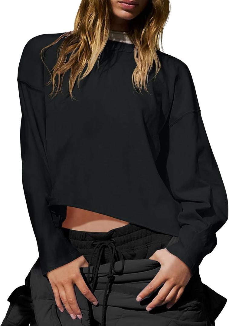 INFITTY Womens Cropped Workout Tops Loose Fit Shirt Long Sleeve Blouses Trendy Pullover XL