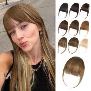 Clip in Bangs, 100% Human Hair Wispy Fringe with Temples for Women Honey Light Brown Clip on Fake Bangs Hairpiece Seamless Blend for Daily Wear