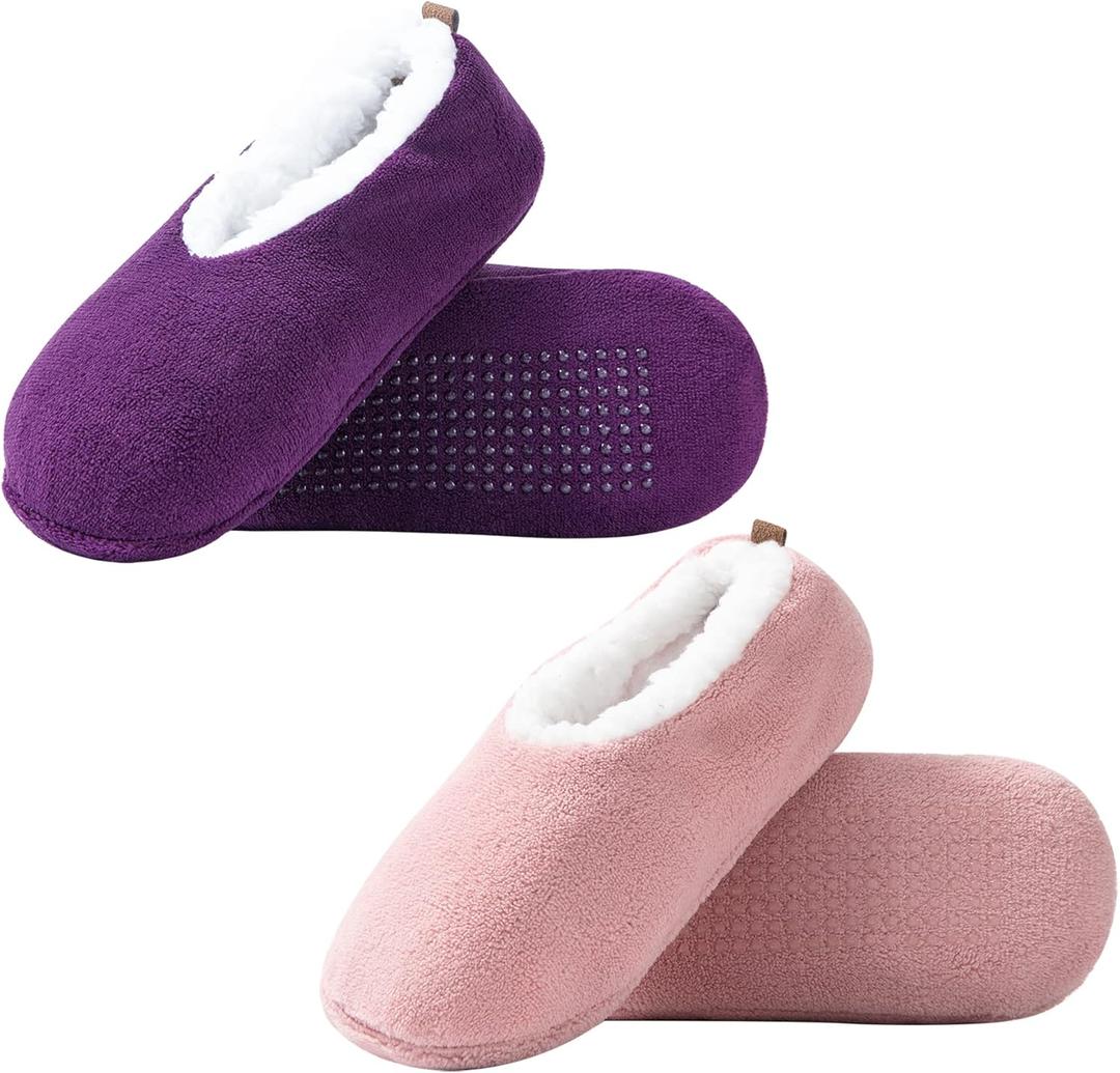 2 Pairs of Soft Sole Slipper Socks for Women with Grippers Non Slip, Winter Warm Cozy House Bedroom Slippers, Ladies Fuzzy Indoor Home Slippers (Purple,Pink,Grey) (7.5-9.5)