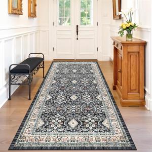 4x8 Washable Kitchen Area Rug: Farmhouse Stain-Resistant Rug for Living Room Bedroom Wide Soft Carpet for Entryway Dining Room Thin Hallway Floor Mat with Non Slip Backing Vintage Home Dcor(4x8,Black)