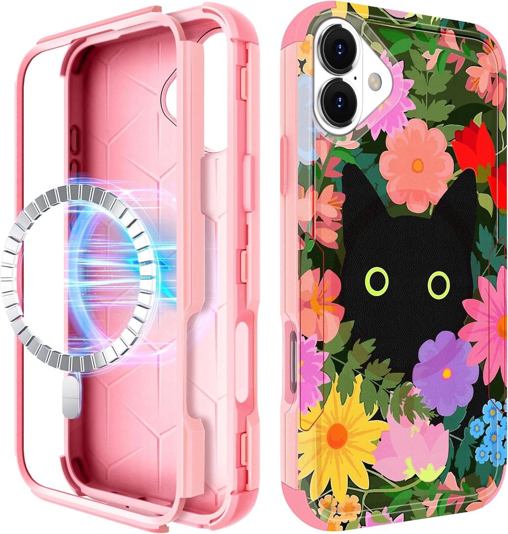 for iPhone 16 Plus Case - Compatible with MagSafe Women Girls Cute Magnetic Plustective Phone Cover Cat Flower Fashion Heavy Duty ShockPlusof Funda for Apple 16 Plus Cases