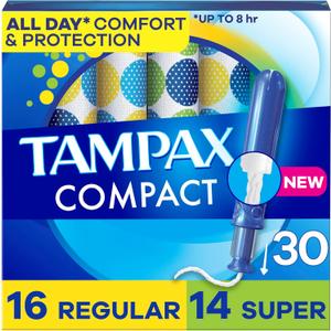 Tampax Compact Pearl Tampons Multipack, with LeakGuard Braid & Extendable Applicator, Regular/Super Absorbency, Compact Extendable Applicator, Unscented, 30 Count