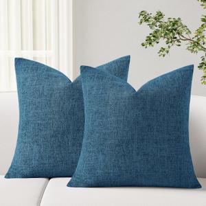 Hiasan Pack of 2 Decorative Textured Linen Throw Pillow Covers Soft Accent Solid Cushion Covers Boho Farmhouse Pillow Cases for Couch Sofa Bedroom Living Room Home Decor, 20 x 20 Inches, Navy Blue