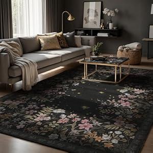 Nayoroom Dark Firefly Floral Black Area Rug 8x10, Faux Wool Soft Washable Non-Slip Rug, Dark Botanical Firefly Rug for Living Room Bedroom Mud Room.