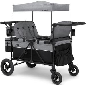 Jeep Wrangler Deluxe 4 Seater Stroller Wagon by Delta Children - Premium Quad Stroller Wagon for 4 Kids with Convertible Seats, Adjustable Push/Pull Handles, Removable Canopy & Flat Fold, Grey