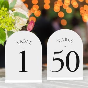 JOYIT Arch Wedding Table Numbers 1-50 with Stands  Double-Sided Printed 5" X 7" Acrylic Signs with White Background and Black Text, Perfect for Wedding Receptions, Parties, Anniversaries, and Events