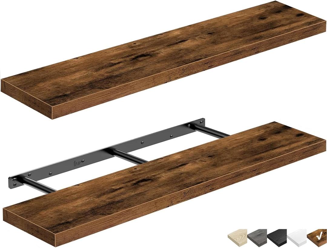 QEEIG Floating Shelves for Wall 39.4" Long - Wall Mounted Shelf Bathroom Kitchen Living Room Bedroom Farmhouse Home Decor Display Bookshelf Large 39.4 x 9.3 inch Set of 2, Rustic Brown (008-100BN)