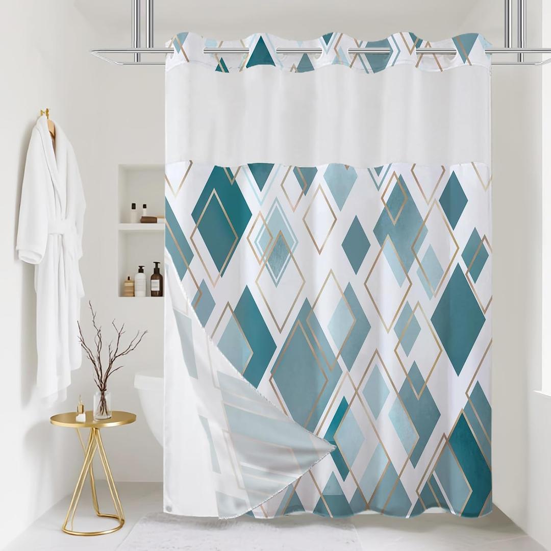 Extra Long No Hook Shower Curtain with Snap in Liner, Abstract Geometric Shower Curtains and Liner Set for Bathroom, Hotel Bath Curtain with Mesh Window, Waterproof Washable, Teal 71" x 84"