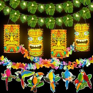 35 Pcs LED Luau Party Decor Hawaii Tropical Tiki Paper Lanterns Hibiscus Garland Monstera Leaf String Lights Birds Honeycomb Cutouts for Summer Birthday Party Decorations Supplies