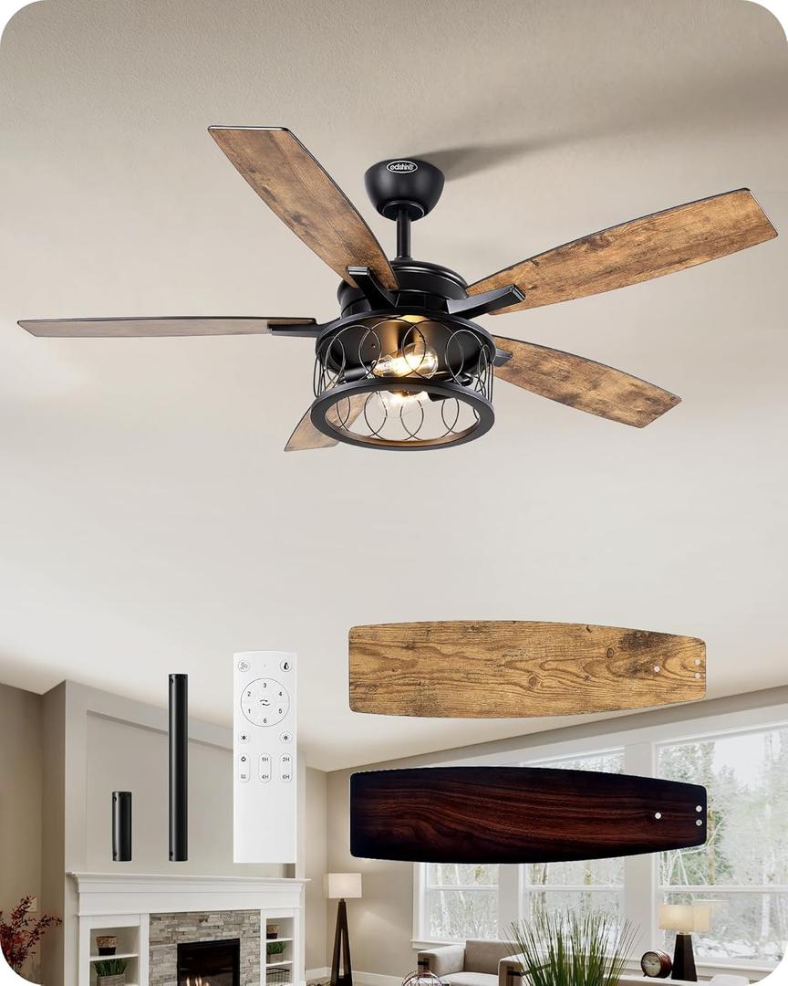 EDISHINE 52in Farmhouse Ceiling Fans with Lights, 10%-100% Dimmable, 5 Wooden Double-sided Blades, 1/2/4/6 Hour Timer, 6 Speeds Reversible DC Motor, Rustic Ceiling Fan for Living Room, Bedroom