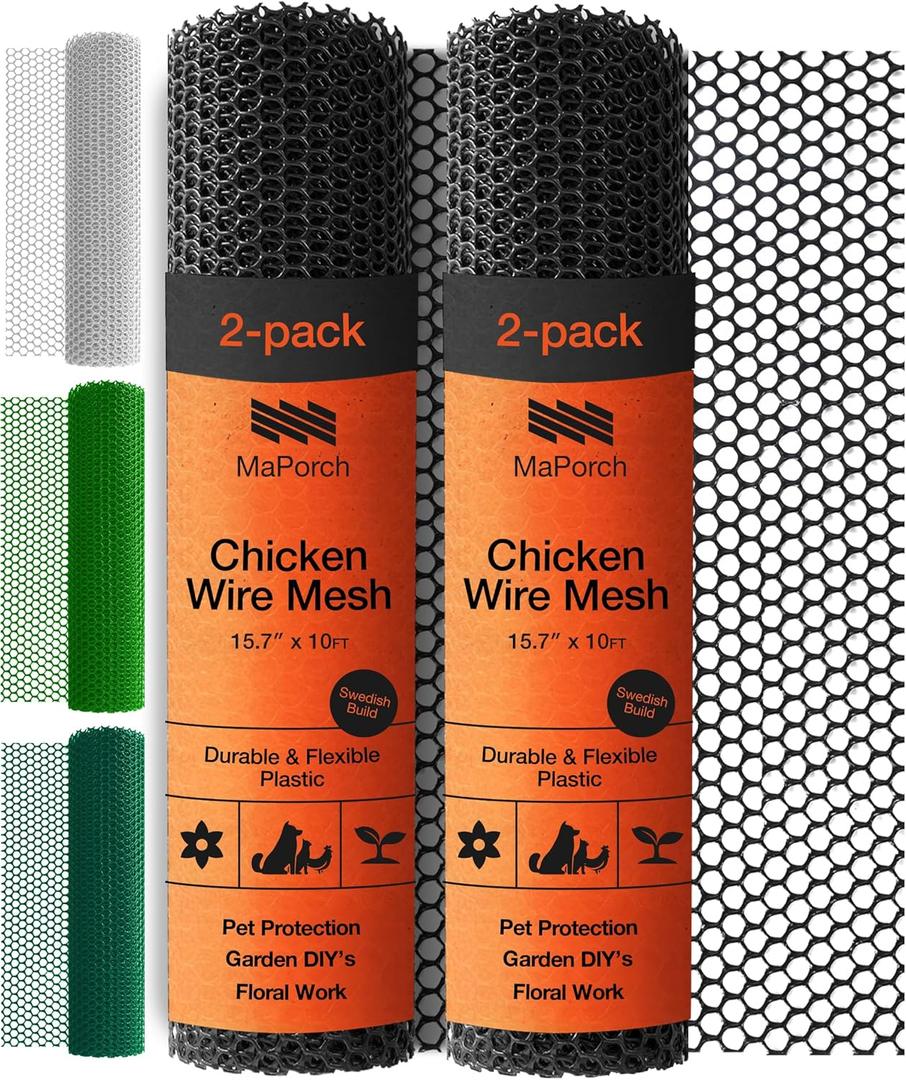 MaPorch Plastic Wire Mesh Fence - Black, 15.71" x 10 ft, 2 Pack - Plastic Chicken Wire Fencing for Dogs, Rabbits & Poultry - Chicken Netting Barrier - Balcony Netting for Pets - Balcony Cat Barrier