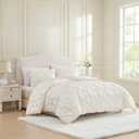 Laura Ashley - Queen Comforter Set, Satin Microfiber Bedding with Shams, Soft and Silky, Lightweight All-Season Comforter, Reversible Design, Solid Satin Pintuck Beige