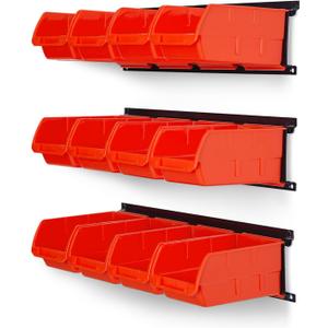 Ultrawall Wall Mounted Storage Bins, Plastic Hanging Storage Organizer Bins, Garage Tool Storage System for Screws, Nuts, Bolts, Nails, and Small Hardware Parts, 12x bins & 3 x rails, Orange