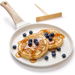 Hiceeden Nonstick Crepe Pan with Spreader, 10-Inch Tortilla Pan with Detachable Handle, Ceramic Coating Pancake Dosa Tawa Griddle Pan, for All Stove, Induction Compatible, PFOA Free (White)