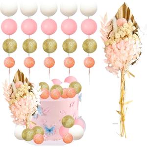 Ephlyn 21Pcs Ball Cake Toppers Flower Palm Leaf Cake Decorations for Bohemian Theme Boho Birthday Wedding Baby Shower Party Supplies Gold Pink