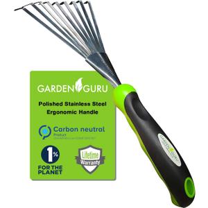 Garden Guru Stainless Steel Hand Rake Soil Tiller with Ergonomic Handle, Great for Gardening, Cultivating, Loosening Soil & Spreading Mulch, Raking Flower Beds