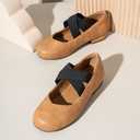 PANDANINJIA Girls Dress Shoes Ballet Flats Mary Jane Elastic Cross Strap Little Big Kid Low Heels Flower Girl Shoes (Brown Pu)