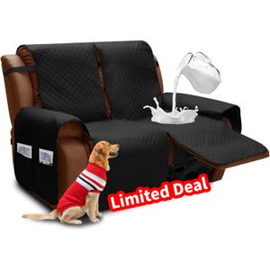 XINEAGE Water Resistant Recliner Cover, 2 Seat Loveseat Covers with Pockets, Quilted Thick Protector Cover for Dog Pets with Non Slip Backing and Strap (Loveseat, Black)
